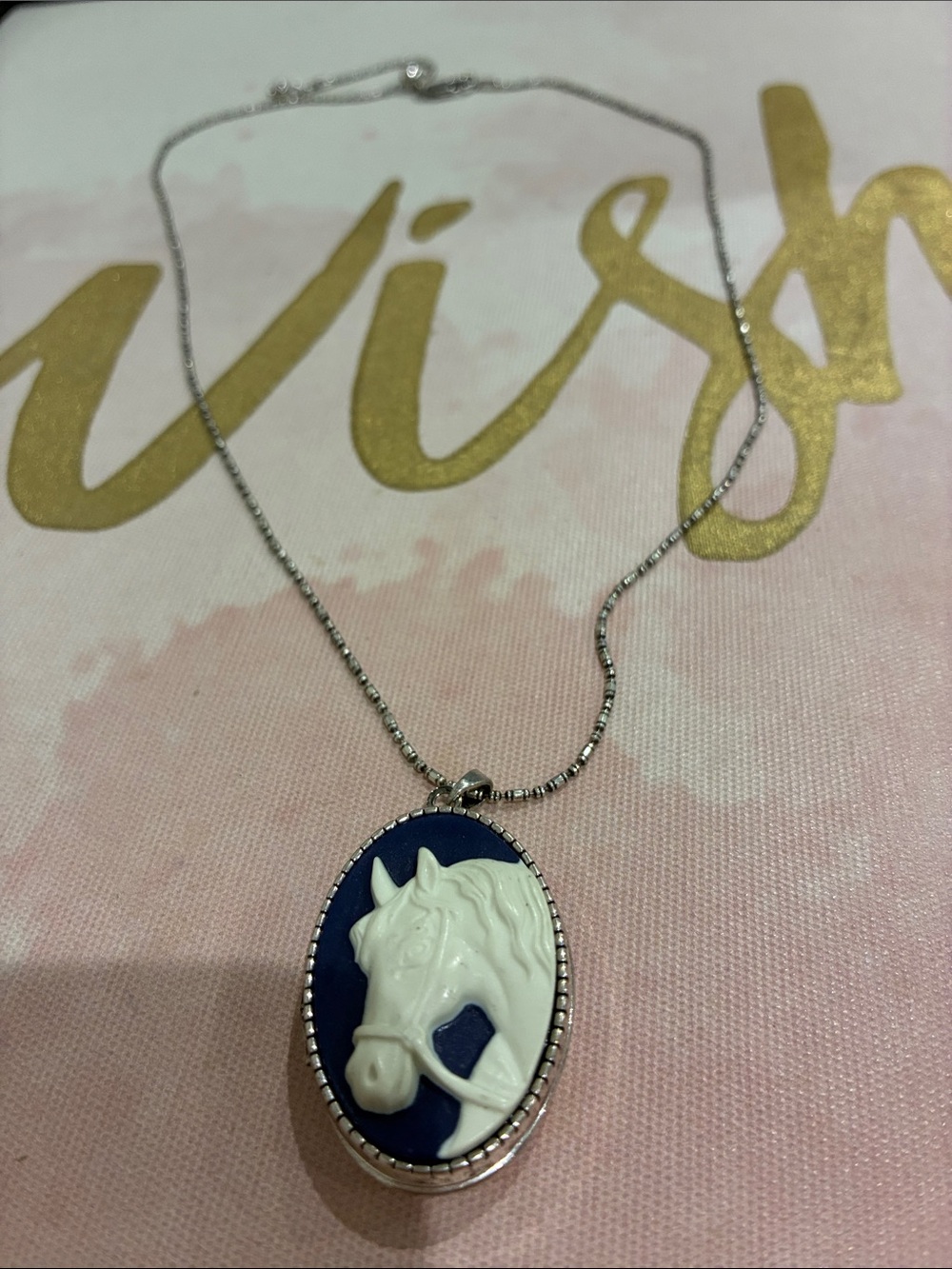 Silver Horse Cameo Pendant Necklace - Navy & White